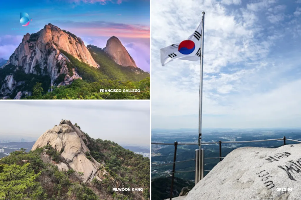 a collage of mountains and a flag