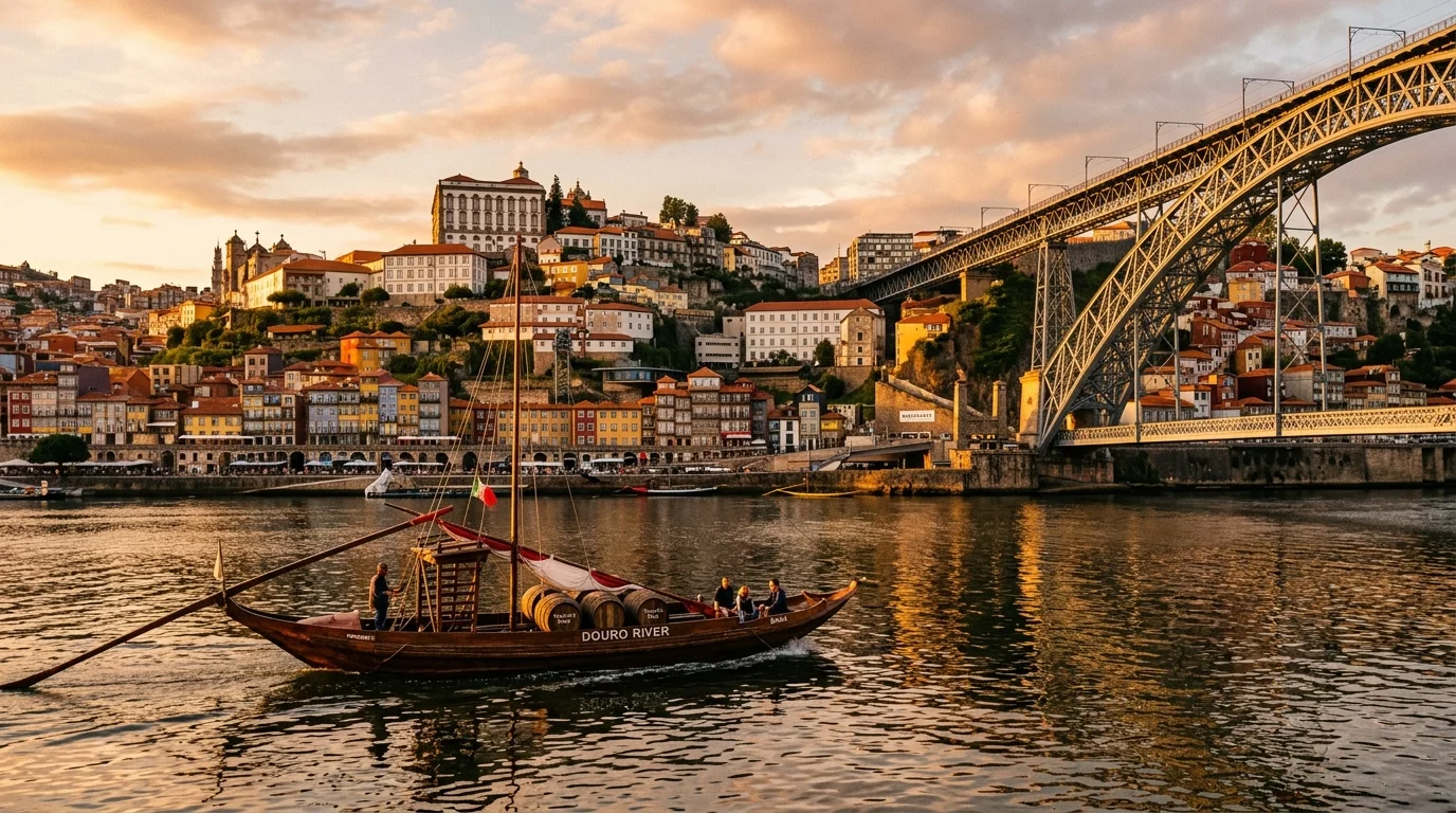 เรือโบราณล่องลอยบนแม่น้ำโดรู โดยมีสะพานดอมลุยส์ที่หนึ่งและย่านเมืองเก่าริเบราเป็นฉากหลังในช่วงแสงสีทอง