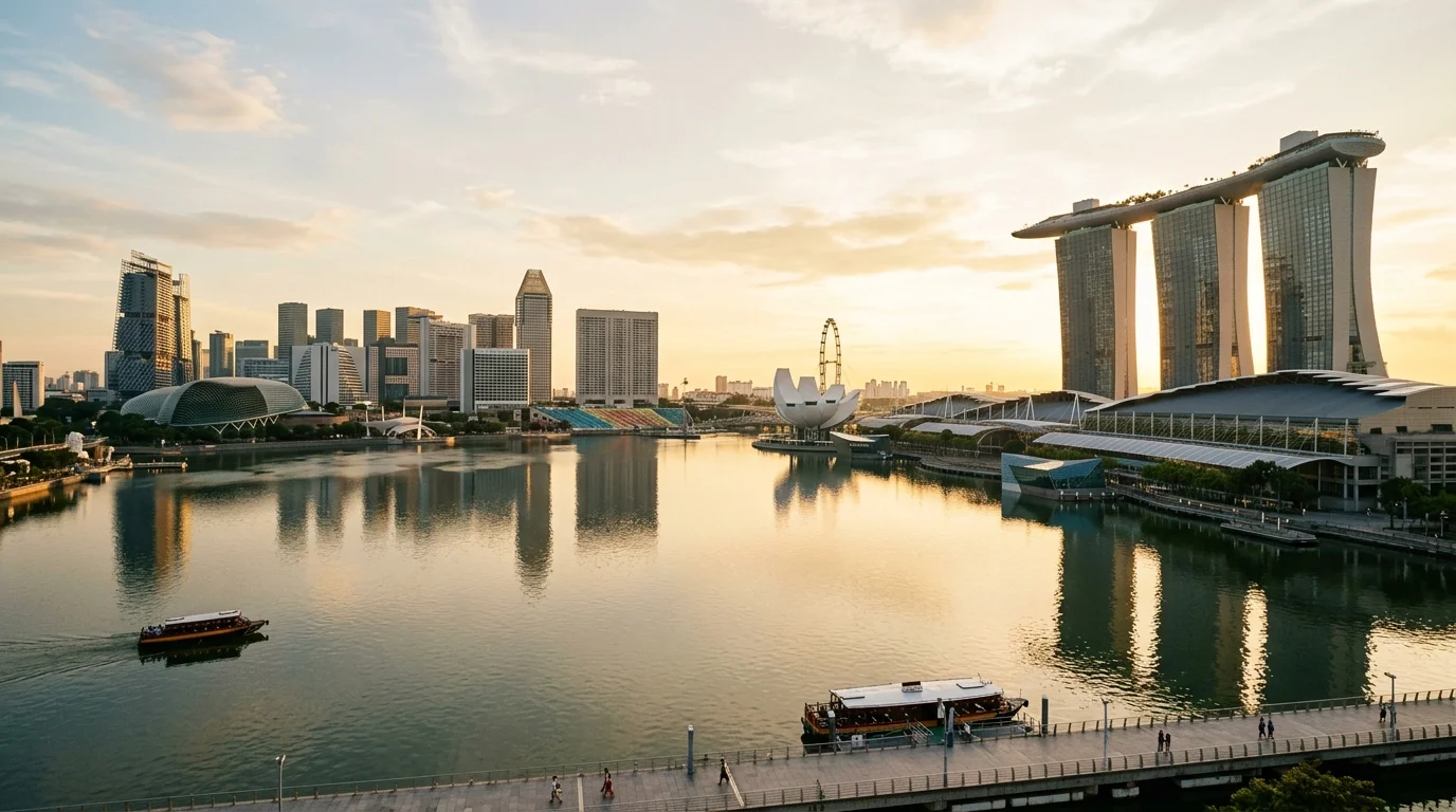 ทัศนียภาพรอบอ่าวมารีนาเบย์และอาคารร่วมสมัยในสิงคโปร์